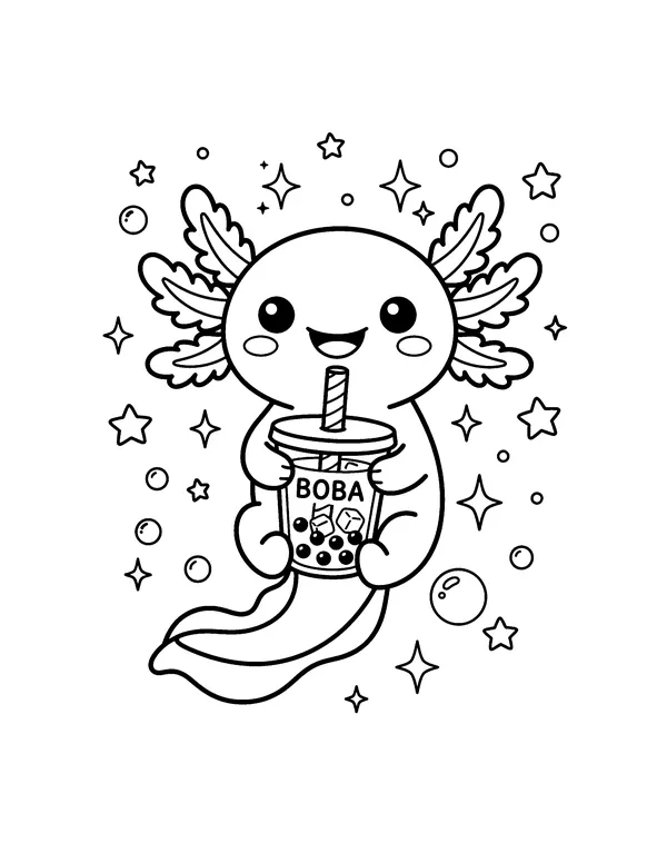 Kawaii Axolotl with Boba Tea coloring page