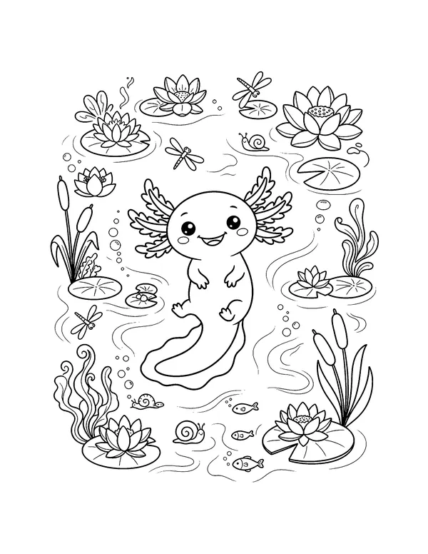 Axolotl in a Lily Pond coloring page