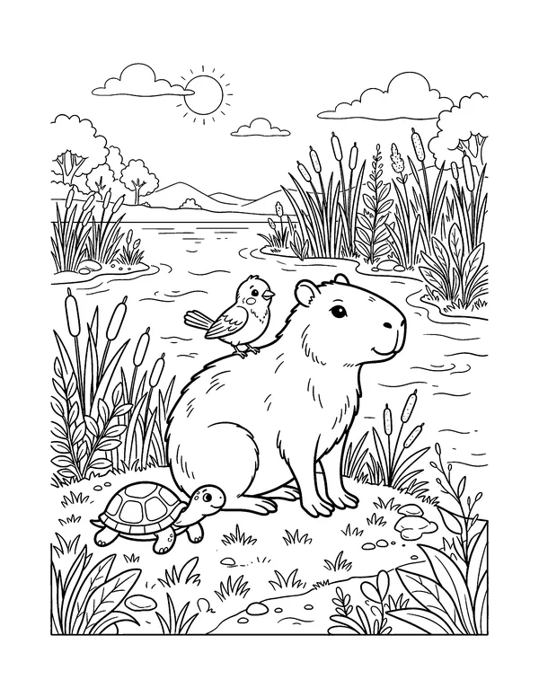 Capybara and Friends by the River coloring page