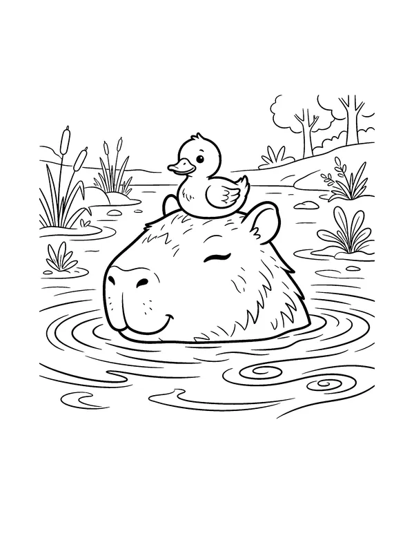 Capybara Swimming with a Duckling coloring page