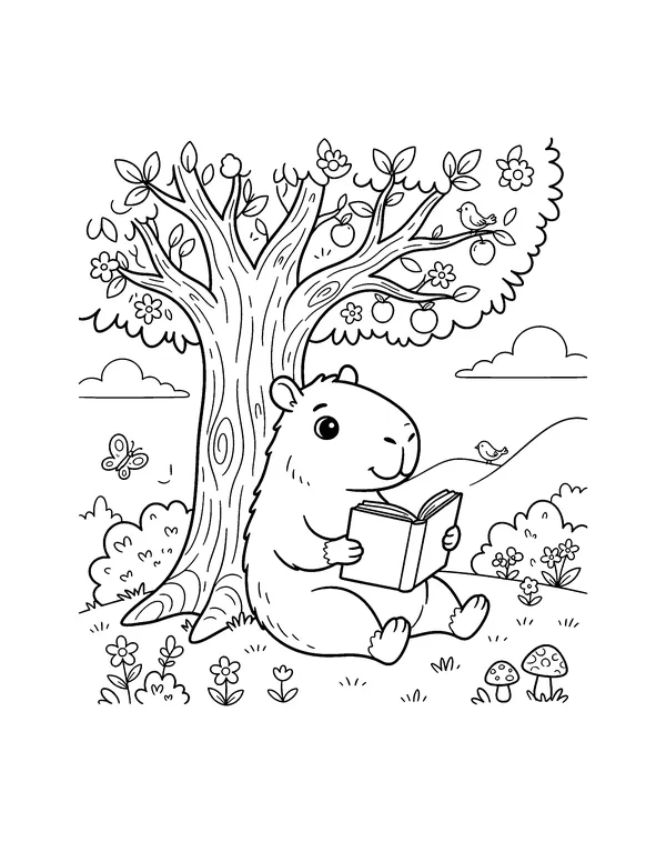 Capybara Reading Under a Tree coloring page