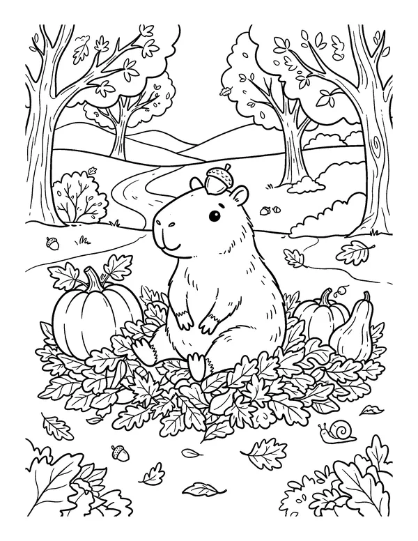 Capybara in Autumn Leaves coloring page
