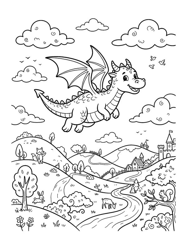 Dragon Flying Over the Hills coloring page