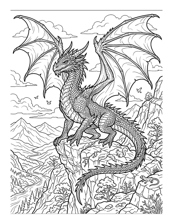Realistic Dragon on a Cliff coloring page