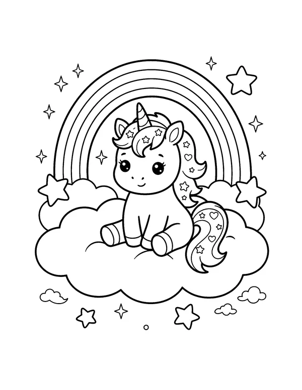 Kawaii Unicorn on a Cloud coloring page