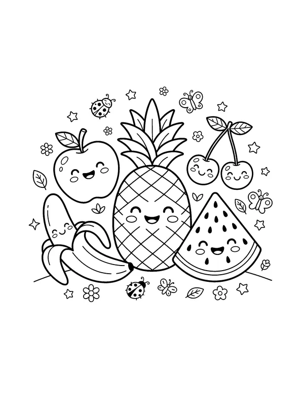 Kawaii Fruit Party coloring page