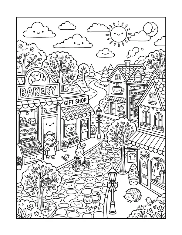 Kawaii Town Street coloring page