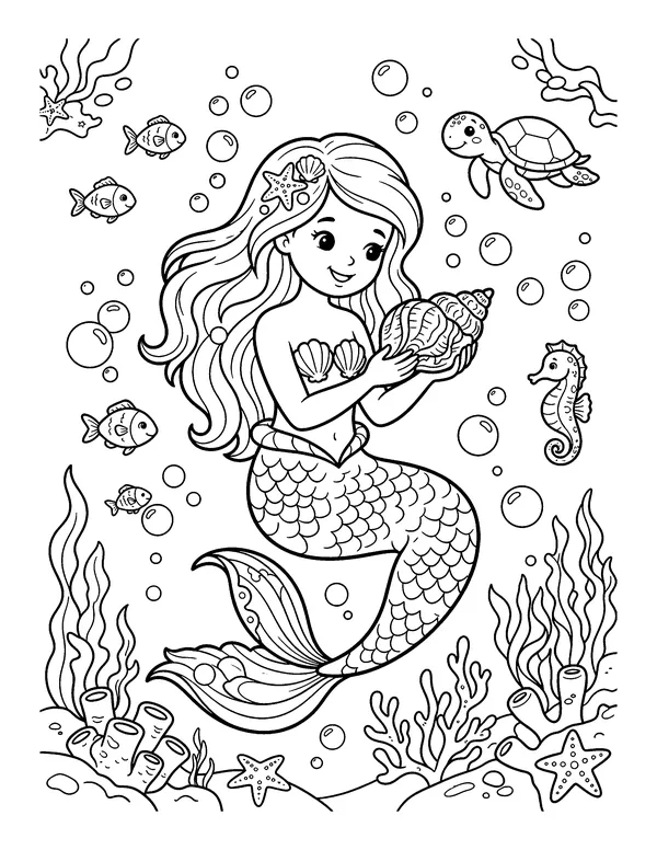 Mermaid Holding a Seashell coloring page