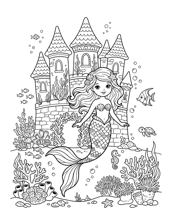 Mermaid Castle Under the Sea coloring page