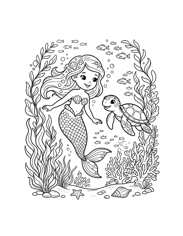 Mermaid Swimming with a Sea Turtle coloring page