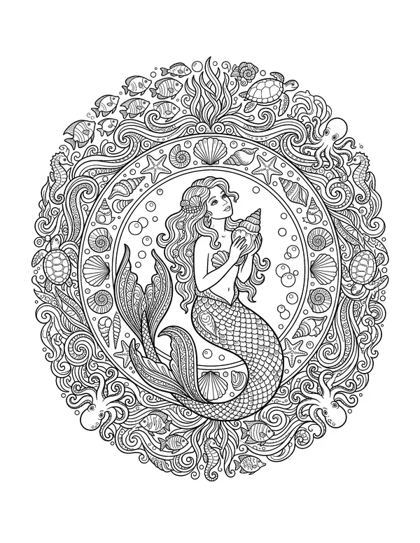 Ocean Mandala Mermaid for Adults coloring page