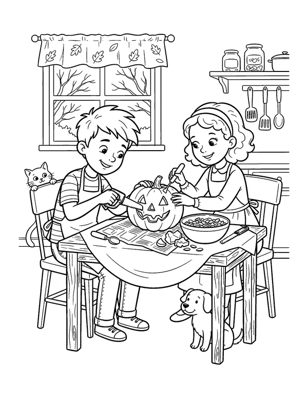 Kids Carving a Jack-o'-Lantern coloring page