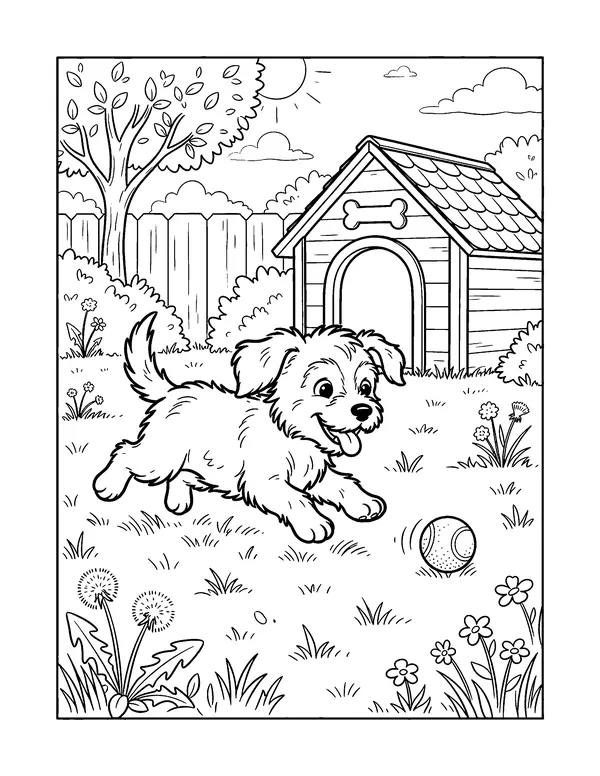 Puppy Chasing a Ball in the Backyard coloring page