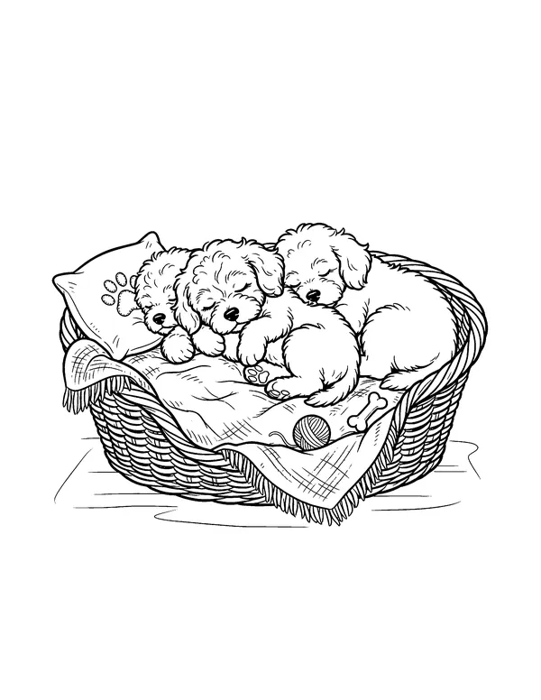 Three Puppies Sleeping in a Basket coloring page