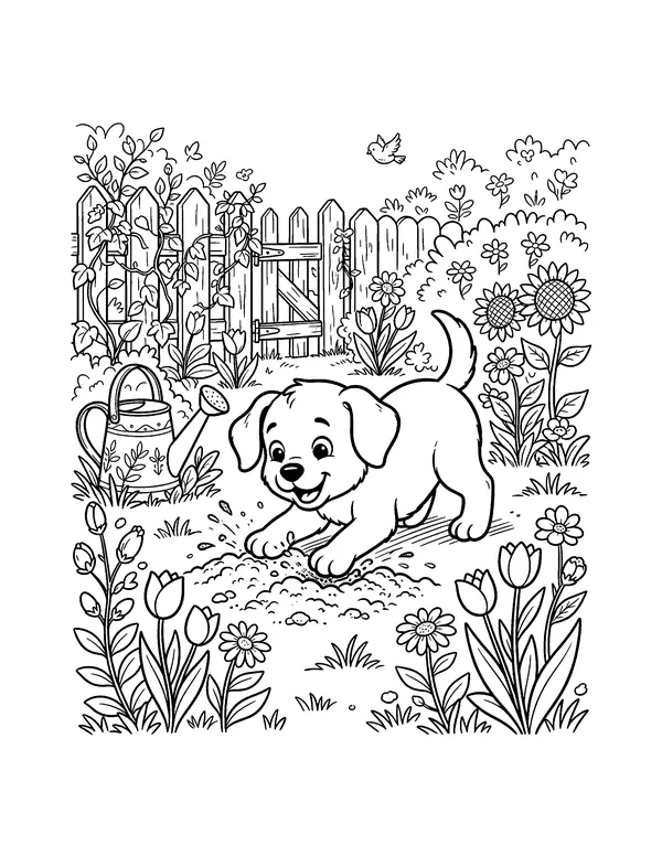 Puppy Digging in the Garden coloring page