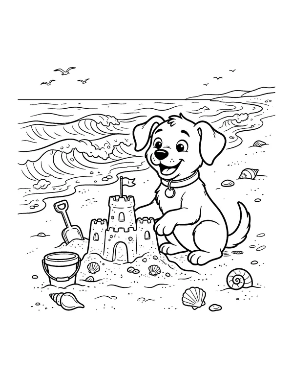 Puppy Building a Sandcastle coloring page