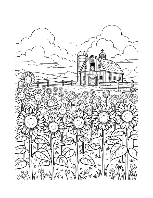 Sunflower Field and Red Barn coloring page