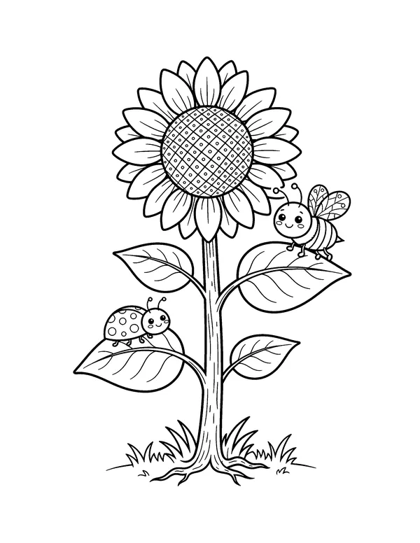 Sunflower with a Bee and a Ladybug coloring page