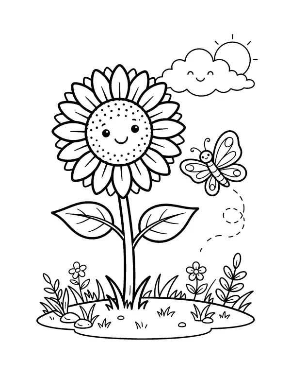 Sunflower and Butterfly coloring page