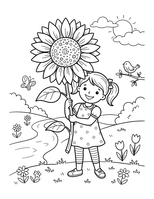 Girl Holding a Giant Sunflower coloring page