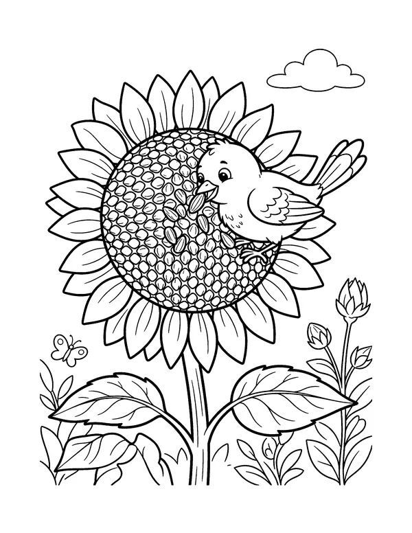 Bird Eating Sunflower Seeds coloring page
