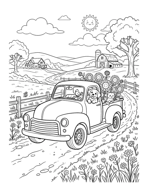 Vintage Truck Full of Sunflowers coloring page