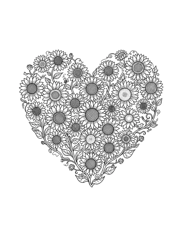 Heart of Sunflowers coloring page